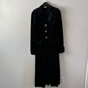 Classic Black Velvet Long Trench Coat with Gold Buttons
